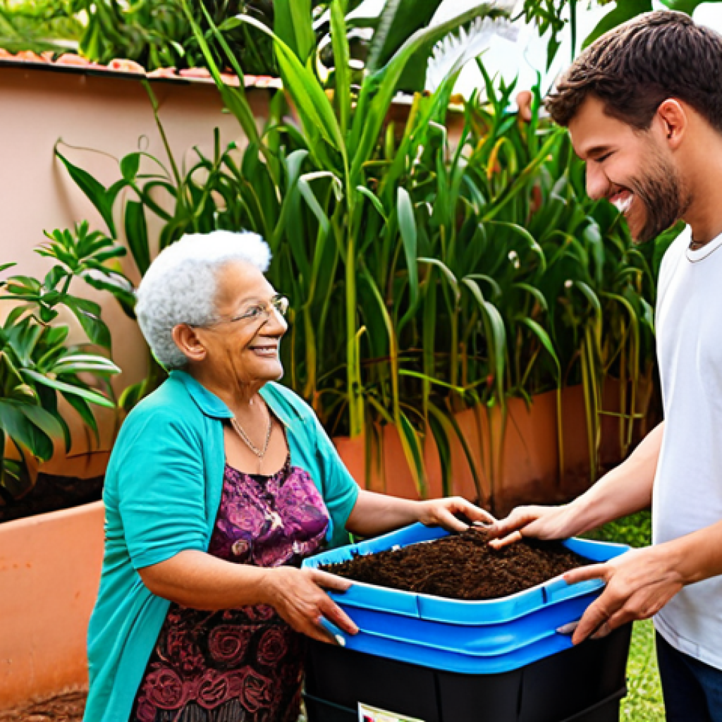 **Prompt 1:** A warm, inviting scene depicting a vermicomposting business owner, a young man, patiently guiding an enthusiastic elderly female client (like Dona Maria) on how to manage her new worm bin in a vibrant home garden. The focus is on building trust and partnership, with healthy, green plants symbolizing success. The mood is empathetic, supportive, and natural, highlighting personalized customer care.
