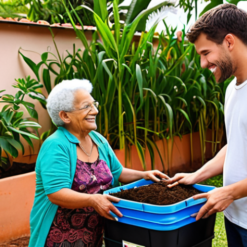 Home 13 **Prompt 1:** A warm, inviting scene depicting a vermicomposting business owner, a young man, patiently guiding an enthusiastic elderly female client (like Dona Maria) on how to manage her new worm bin in a vibrant home garden. The focus is on building trust and partnership, with healthy, green plants symbolizing success. The mood is empathetic, supportive, and natural, highlighting personalized customer care.