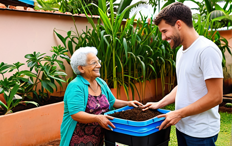 **Prompt 1:** A warm, inviting scene depicting a vermicomposting business owner, a young man, patiently guiding an enthusiastic elderly female client (like Dona Maria) on how to manage her new worm bin in a vibrant home garden. The focus is on building trust and partnership, with healthy, green plants symbolizing success. The mood is empathetic, supportive, and natural, highlighting personalized customer care.