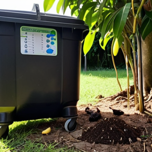 Home 8 **
A shady backyard vermicomposting setup. Focus on a happy worm farm bin beneath a leafy mango tree. The bin should appear moist and thriving, with a digital thermometer showing an ideal temperature (around 20°C/68°F). Highlight the surrounding environment with dappled sunlight and good ventilation. Include visible signs of worm activity, like castings.
**