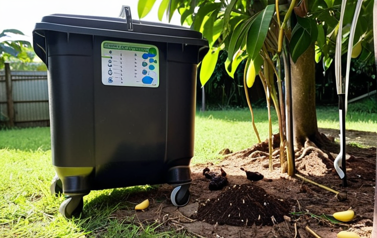 **
A shady backyard vermicomposting setup. Focus on a happy worm farm bin beneath a leafy mango tree. The bin should appear moist and thriving, with a digital thermometer showing an ideal temperature (around 20°C/68°F). Highlight the surrounding environment with dappled sunlight and good ventilation. Include visible signs of worm activity, like castings.
**