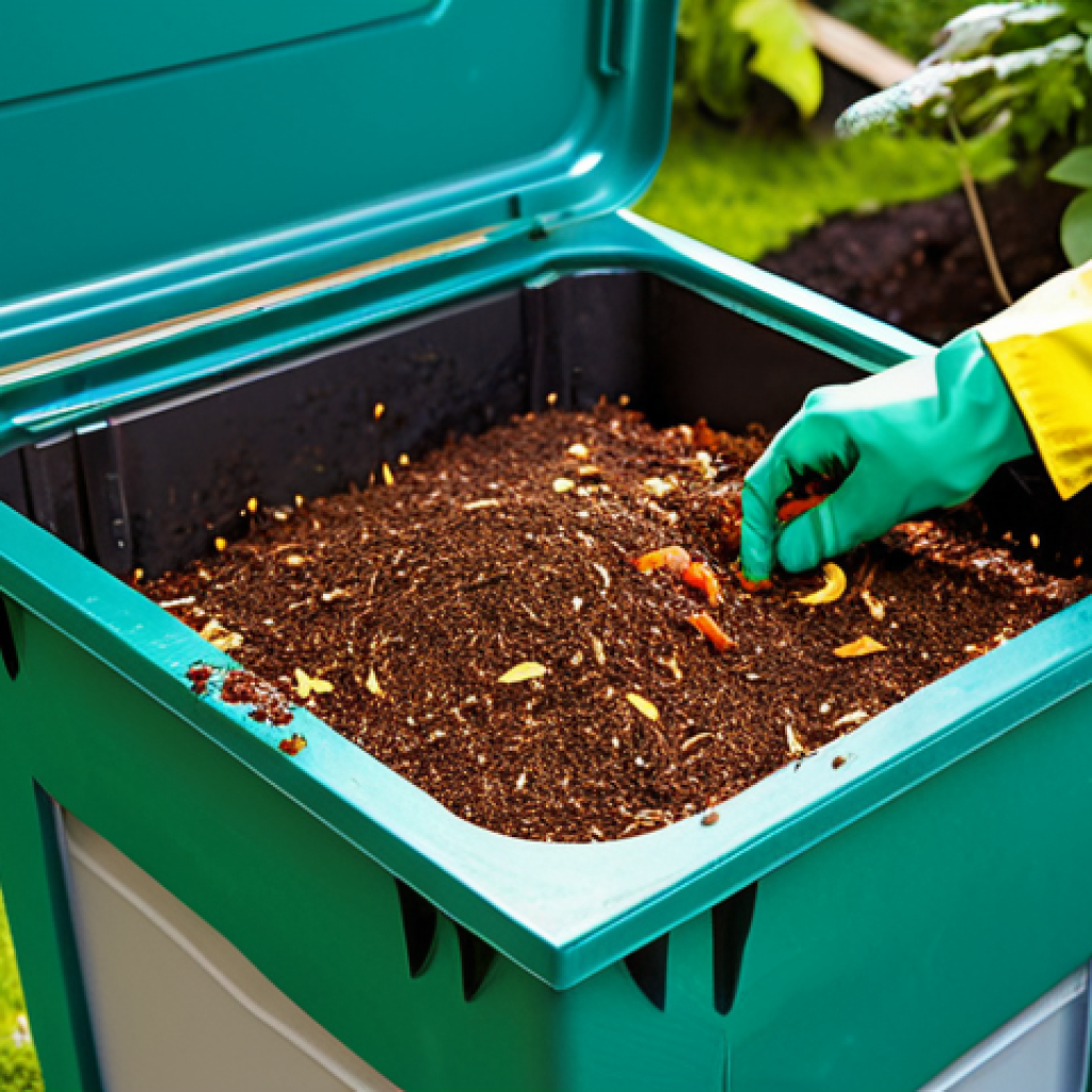 Vermicomposting Setup**
A vibrant vermicomposting bin in a lush garden setting. Close-up showing red wigglers (Eisenia fetida) actively breaking down food scraps. Focus on the layers of composting material - coffee grounds, vegetable peels, shredded cardboard. Fully clothed person tending the bin with gardening gloves. Safe for work, appropriate content, professional illustration, perfect anatomy, natural proportions, high resolution, family-friendly.
**