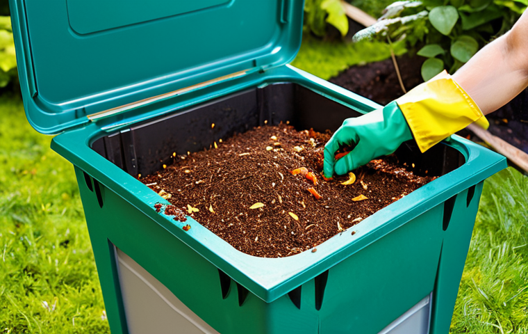 Vermicomposting Setup**
A vibrant vermicomposting bin in a lush garden setting. Close-up showing red wigglers (Eisenia fetida) actively breaking down food scraps. Focus on the layers of composting material - coffee grounds, vegetable peels, shredded cardboard. Fully clothed person tending the bin with gardening gloves. Safe for work, appropriate content, professional illustration, perfect anatomy, natural proportions, high resolution, family-friendly.
**