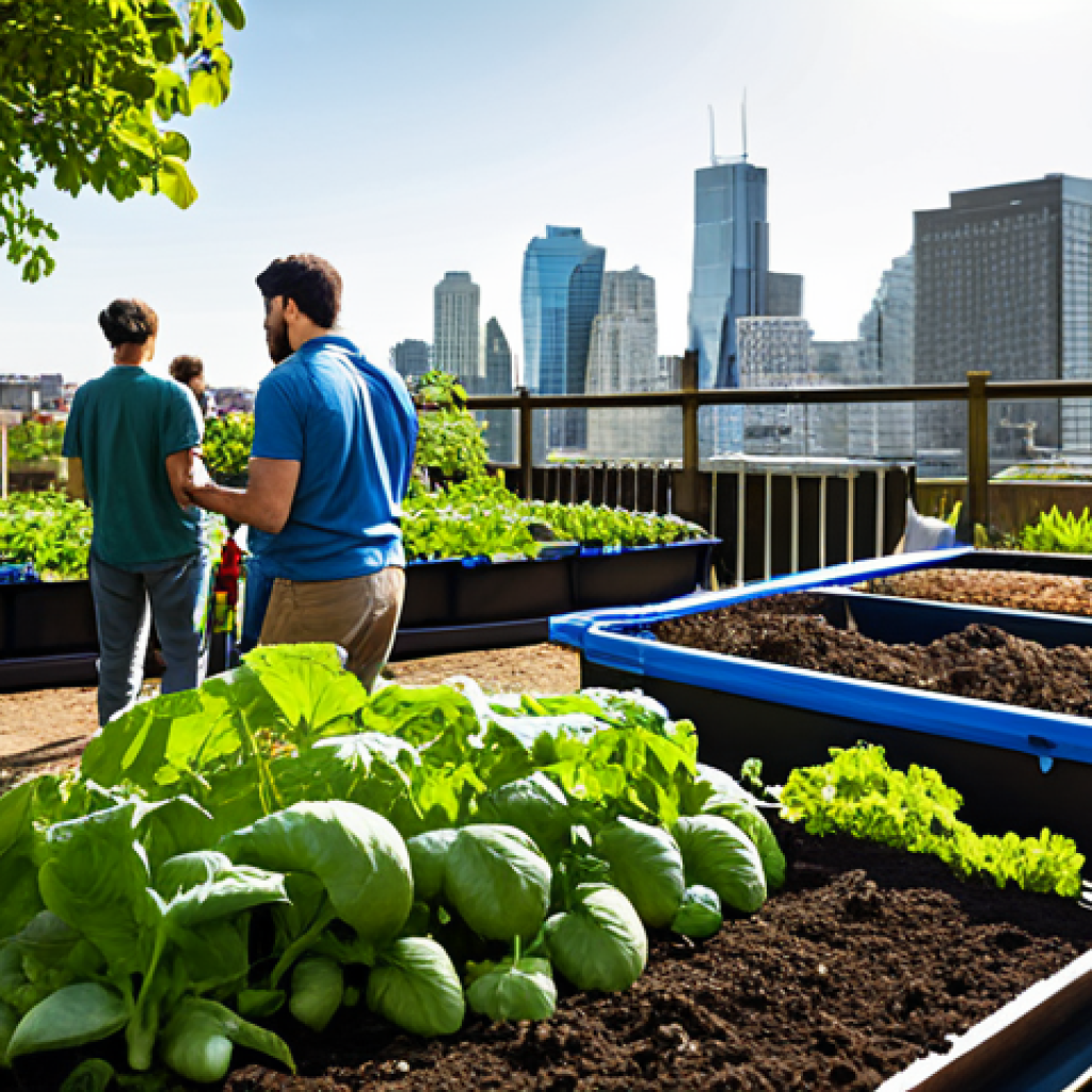버미컴포스팅의 시장 접근 전략 - Urban Gardening with Vermicompost**
"A vibrant urban garden scene, featuring raised beds overflowin...