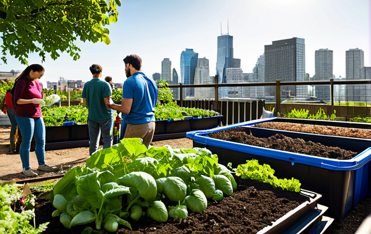 버미컴포스팅의 시장 접근 전략 - Urban Gardening with Vermicompost**
"A vibrant urban garden scene, featuring raised beds overflowin...