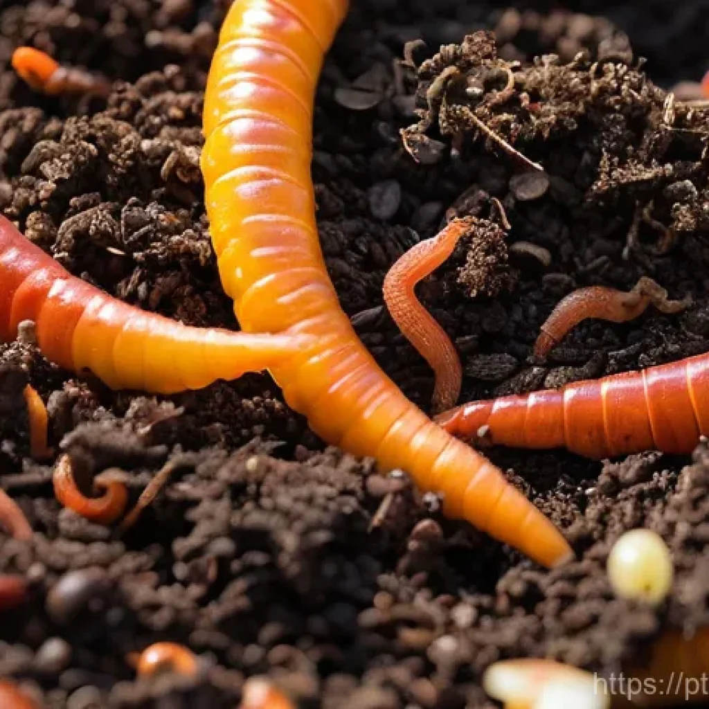 버미컴포스팅과 지역 사회의 상관관계 - A close-up, detailed shot of a healthy vermicompost bin, showing active red wiggler worms (Eisenia f...