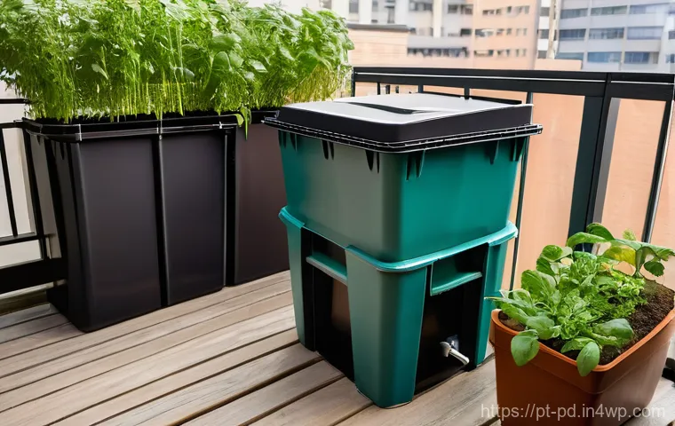 버미컴포스팅의 실용적 접근 - **Prompt:** A clean, modern apartment balcony bathed in soft, natural morning light. A person in the...