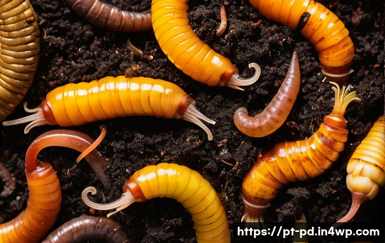 버미컴포스팅에서의 나무와 식물 관계 - A close-up, vibrant and detailed shot of a thriving vermicompost bin. The image should capture vario...