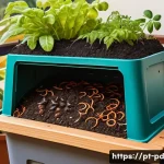 Home 17 버미컴포스팅의 과학적 원리 - A detailed close-up of a vermicomposting setup on a sunny Brazilian apartment balcony, featuring a p...