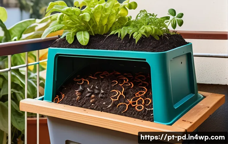 버미컴포스팅의 과학적 원리 - A detailed close-up of a vermicomposting setup on a sunny Brazilian apartment balcony, featuring a p...