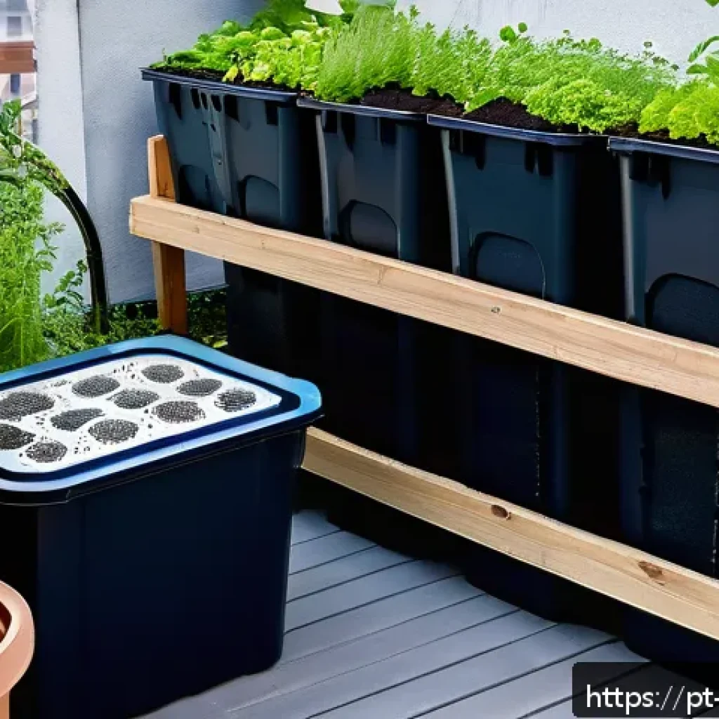 버미컴포스팅의 과거와 현재 - A modern modular vermicomposting setup in a small urban balcony garden, featuring recycled plastic b...