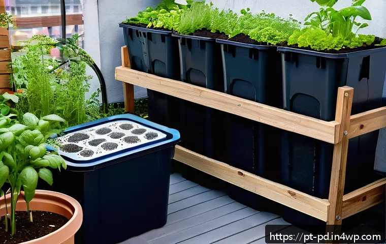 버미컴포스팅의 과거와 현재 - A modern modular vermicomposting setup in a small urban balcony garden, featuring recycled plastic b...