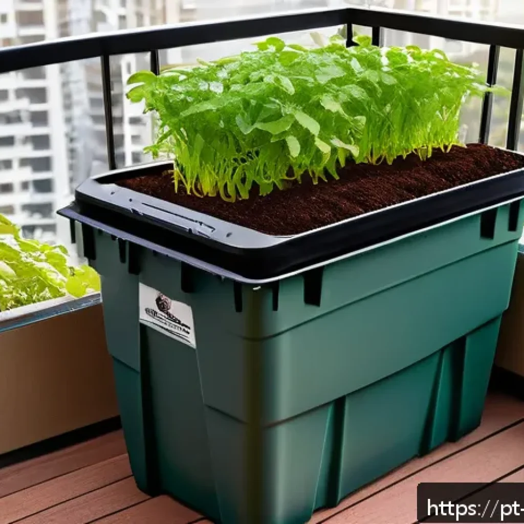 버미컴포스팅 시스템 구축하기 - A detailed and realistic illustration of a home vermicomposting setup on a shaded balcony in a Brazi...