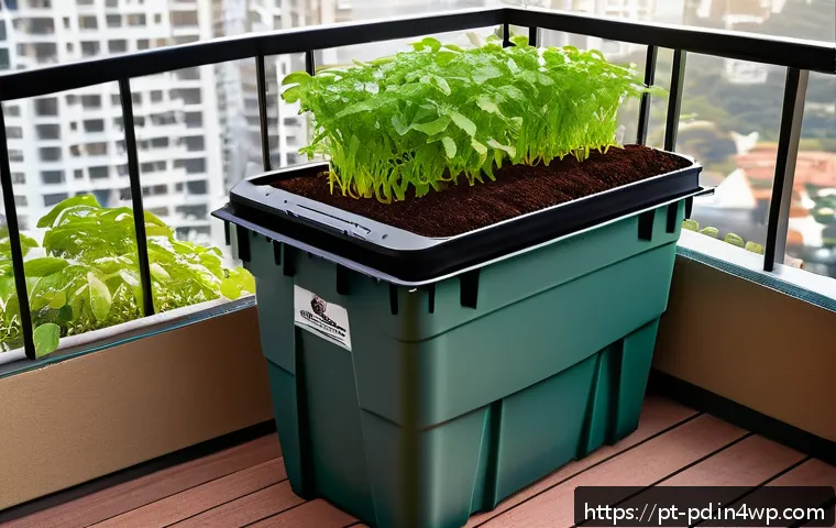 버미컴포스팅 시스템 구축하기 - A detailed and realistic illustration of a home vermicomposting setup on a shaded balcony in a Brazi...