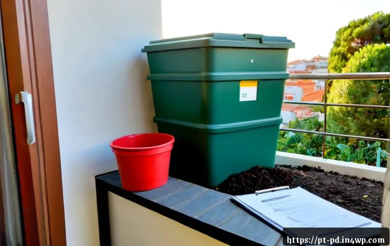버미컴포스팅 시 주의해야 할 법적 규제 - Photorealistic home vermicomposting setup on a clean apartment balcony in Lisbon, Portugal: sealed w...