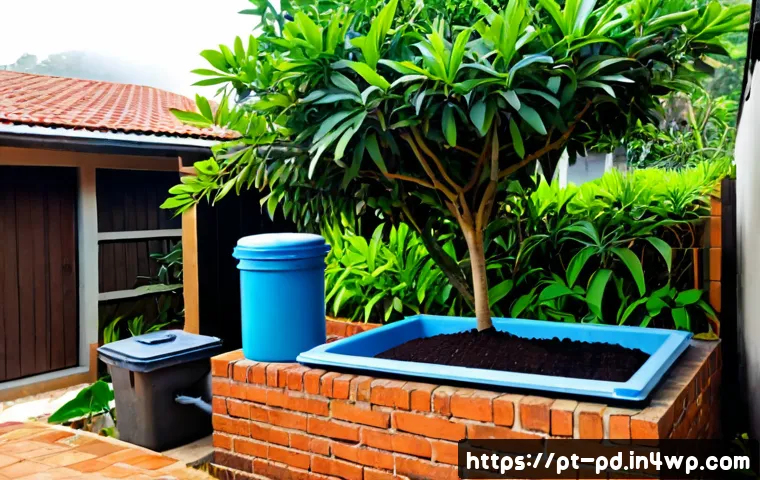 버미컴포스팅 설치 시 환경 영향 고려하기 - Photorealistic Brazilian backyard vermicomposting setup beside a modest home, a sealed compost bin r...